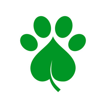 Paw leaf icon. Green heart shaped leaf with animal footprint. Environmental friendly pet products. Pet care logo template. Nature love. Organic dog and cat food. Vector illustration, flat, clip art. 