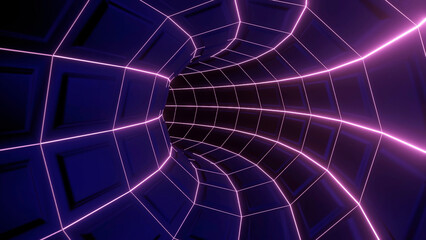 Neon tunnel.Design. A long pink-purple path in abstraction with glowing lines and squares that moves.