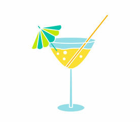 Alcoholic yellow cocktail with bubbles in glass with umbrella and straw isolated on white. Color vector illustration in flat style.