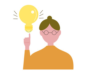 Woman finding an effective solution. Light bulb and idea. Vector illustration 