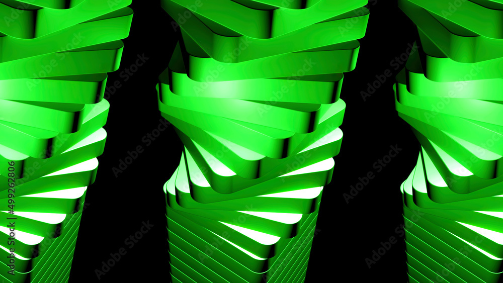 Poster rotating 3d spirals on black background. design. repeating 3d spirals rotate in space. side view of 