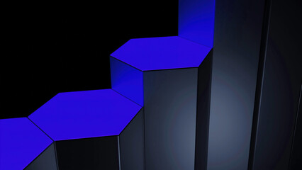 Rising hexagons on black background. Design. Columns rising alternately in virtual space. Virtual steps of rising hexagons on black background