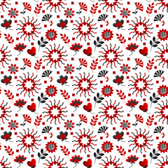 Seamless pattern based on Ukrainian embroidery on white background. Vector stylized ornament in Ukrainian style.