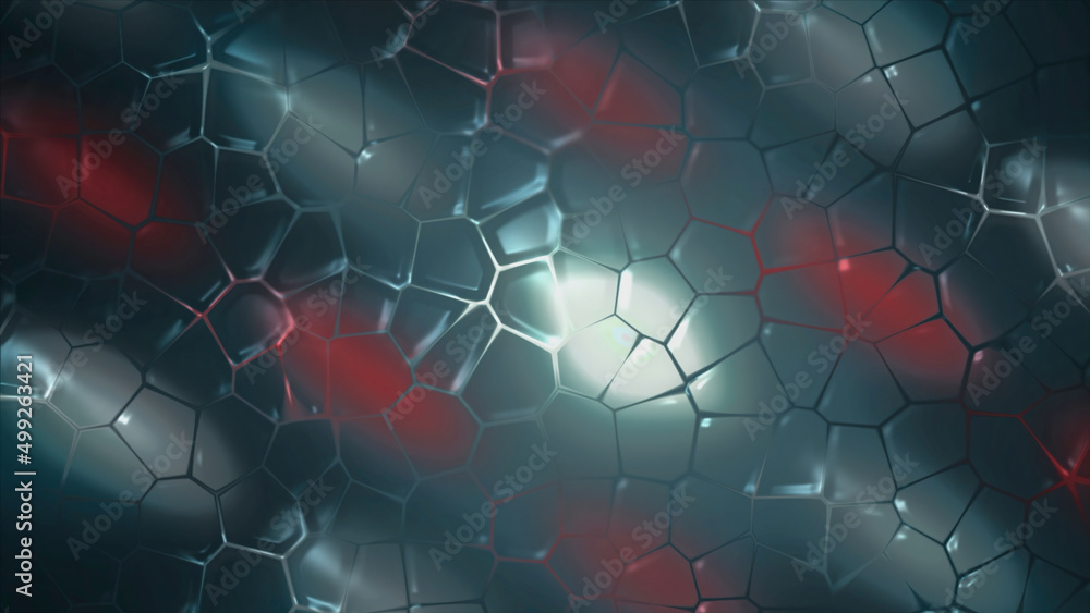 Poster Technological looping background with transforming connected hexagons. Motion. Moving texture with blurred stripes and light flares.