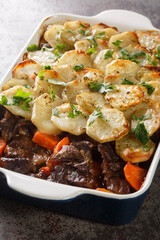 Lancashire Hotpot Succulent lamb in a meaty gravy, topped with potatoes that are tender underneath and crisp on top closeup in the baking dish on the table. Vertical
