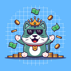 Rich cute cat with lots of coins and money around it vector illustration. Flat cartoon style.