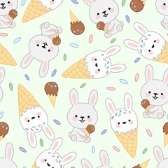 Seamless pattern of rabbits, a large ice cream cone, a small ice cream and sugar sprinkles, on a green background.
