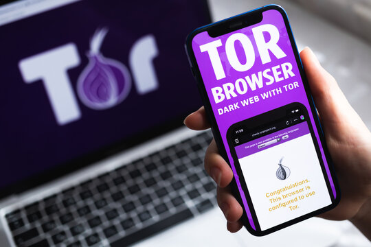 Person Uses Tor Browser With VPN App. Icon Close-up. Smartphone With Private And Safe Browser, VPN Application