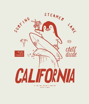 Surfing California. Big Wave beach sports summer vacation t-shirt print vector illustration.