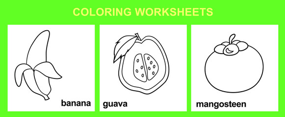 Fruit coloring worksheet page. Coloring cute fruit worksheet page. Educational printable colouring worksheet. Vector illustration.