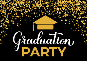 Graduation party banner. Gold confetti prom decorations. Congratulations to graduates typography poster. Vector illustration.