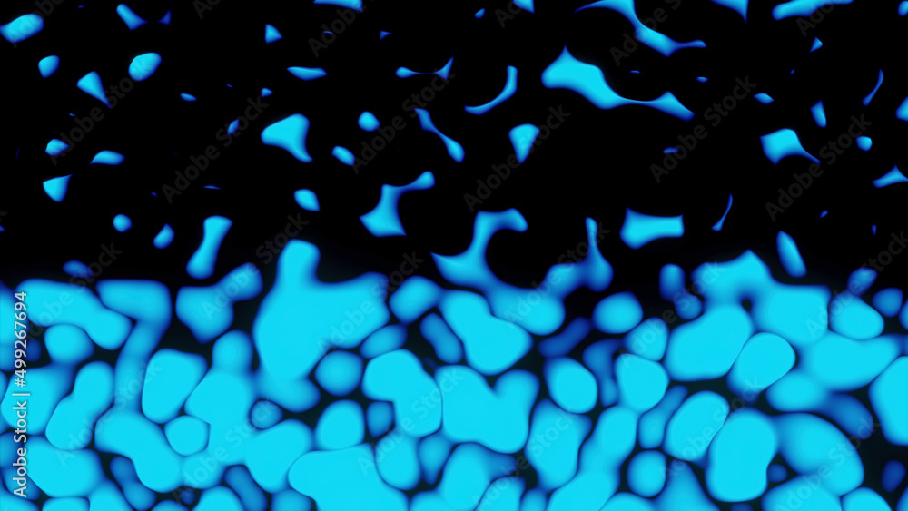 Poster Background with moving 3d spots on black backdrop. Design. Lot of colored three-dimensional spots moving in stream on black background. Transition from moving dense spots