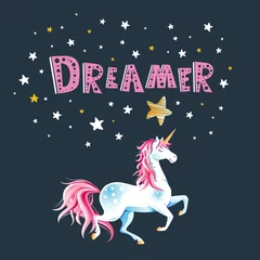  Motivational poster with lettering "Dreamer" and Unicorn. Cute design for greeting card, childish accessories, cover, banner, apparel design, print. Trendy vector background © Mariia