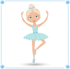 Cute girl ballerina in a blue dress with a bun on her head