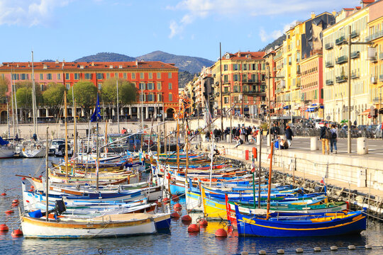 Fishing Boats and sail boats in the port of Nice - France
