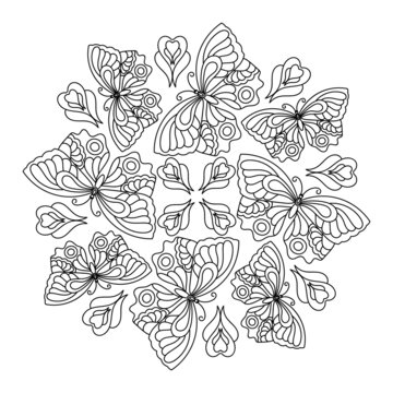Butterfly mandala. Coloring page . Vector illustration