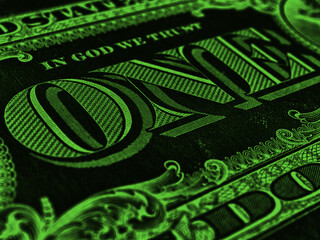 American paper money. 1 US dollar bill. Word one close-up. Dark green inverted background or wallpaper. USA economy and business. Federal reserve note. Macro