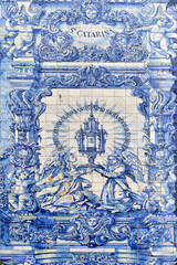 religious panels of Azulejos on the wall of theChapel of the Souls in Porto, Portugal
