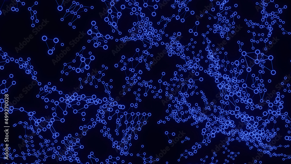 Poster black background. design. blue bright molecules in abstraction on a black background run around in d
