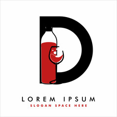 Creative D letter with wine bottle logo design concept. wine bottle & glass  logo design template vector.