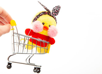 image of toy duck trolley hand white background 