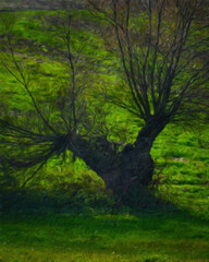 Fototapeta premium Watercolor and oil painting nature landscape, famous travel and touristic place, outdoor vacation trend print for poster, paper, textile or canvas. Modern fine arts design wallpaper. Wall art drawing