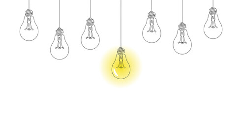 Light bulbs hanging down with one glowing. Creative idea, business concept vector illustration