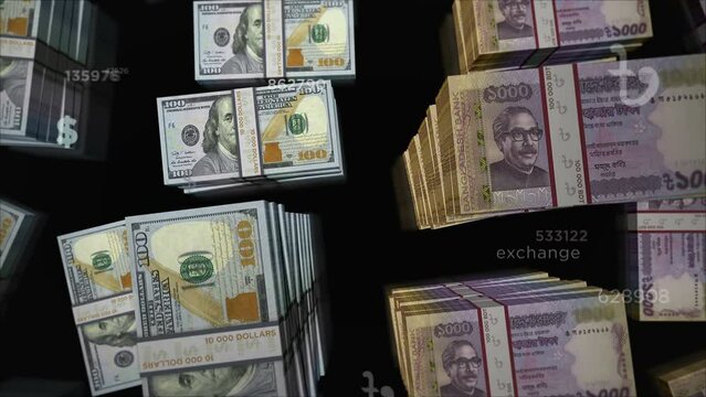 American Dollar and Bangladesh Taka money exchange. Banknotes pack bundle. Concept of trade, economy, competition, crisis, banking and finance. Notes loopable seamless 3d.