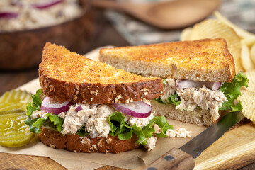 Tuna salad sandwich cut in half