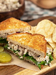 Tuna salad sandwich cut in half