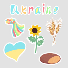 A collection of Ukraine stickers in vivid colors, hand-drawn Ukrainian icons, sunflowers, wheat, heart, bread, a flower wreath with ribbons