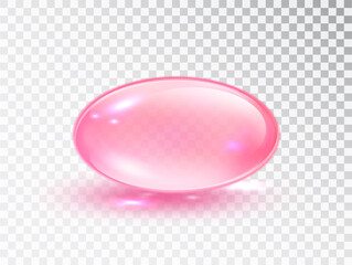 Pink Oil bubble isolated on transparent background. Transparent Pink capsule of drug, vitamin, macro vector illustration. Cosmetic pill capsule.