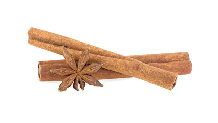 Cinnamon sticks and anise star isolated on a white background. Spices. Macro.