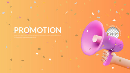 Promotion banner, 3D hand holding pink megaphone with confetti on orange background, Vector illustration - obrazy, fototapety, plakaty