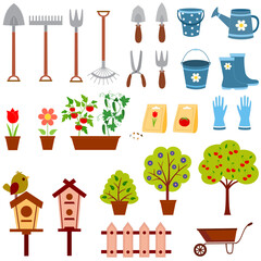 Gardening tools, fruits, vegetables and flowers
