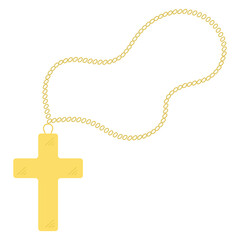 Cross on a gold chain. Accessory for prayer. Color vector illustration. Isolated background. Flat style. Happy Easter. Religious decoration. Idea for web design, invitations, postcards.