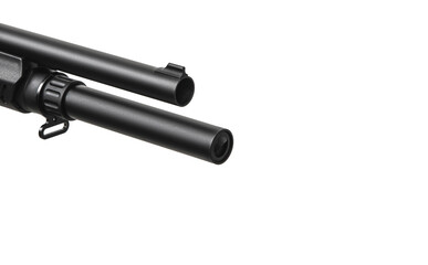 Pump-action 12 gauge shotgun isolated on a white back. Close-up shot of part of a shotgun. A smooth-bore weapon with a plastic stock.