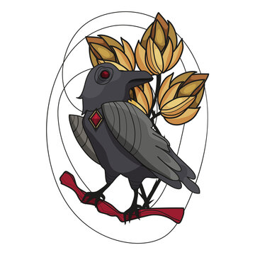 A crow with flowers. Magical, vector illustration. Rituals and mysticism. Happy Halloween. The medallion. Time of the witches.