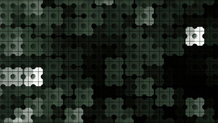 Abstract background divided by narrow black lines into small squares with circles in the middle of each square. Motion. Blinking shadows of tiles over geometric pattern.