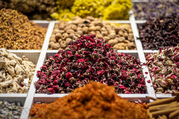 Heap of dried rose tea at the Turkish bazaar market.