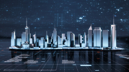 Panorama view of Metaverse, Futuristic city neon light with power energy tron light background. Digital technology Concept Background. Cityscape Futuristic 3D render.