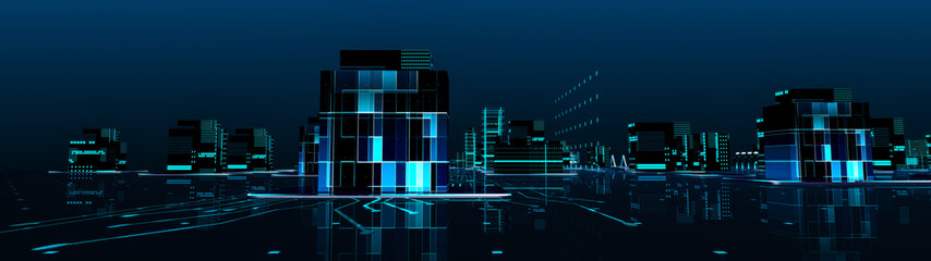 Panorama view of Digit tron City Building. Abstract Technology Transformation Cityscape View Background. 3D Render - obrazy, fototapety, plakaty