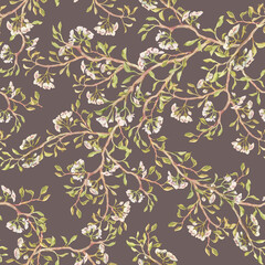 Seamless pattern on a brown background with green twigs, white flowers and juicy yellow pear fruits. For wallpaper, textile, wrapping paper, notepad design