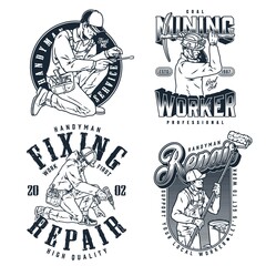 Monochrome badges collection with repairmen