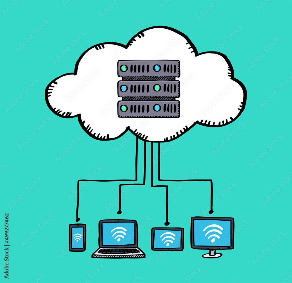 Aufkleber vector illustration of connecting multiple devices to a cloud server. sketch style illustration.