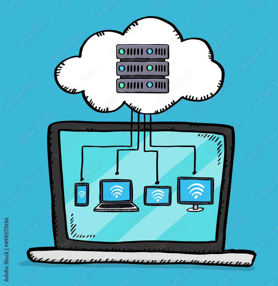 Poster vector illustration of connecting multiple devices to a cloud server on laptop screen. sketch style 