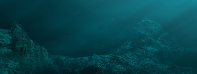 Rugged Landscape Terrain Underwater Dark Scene. Lake or Ocean Water. 3d Rendering Art Background. Sunny Sunrays. © edb3_16