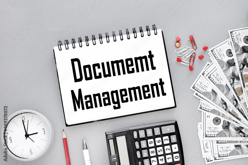 Poster open notepad on a gray background. text on notepad. document management.