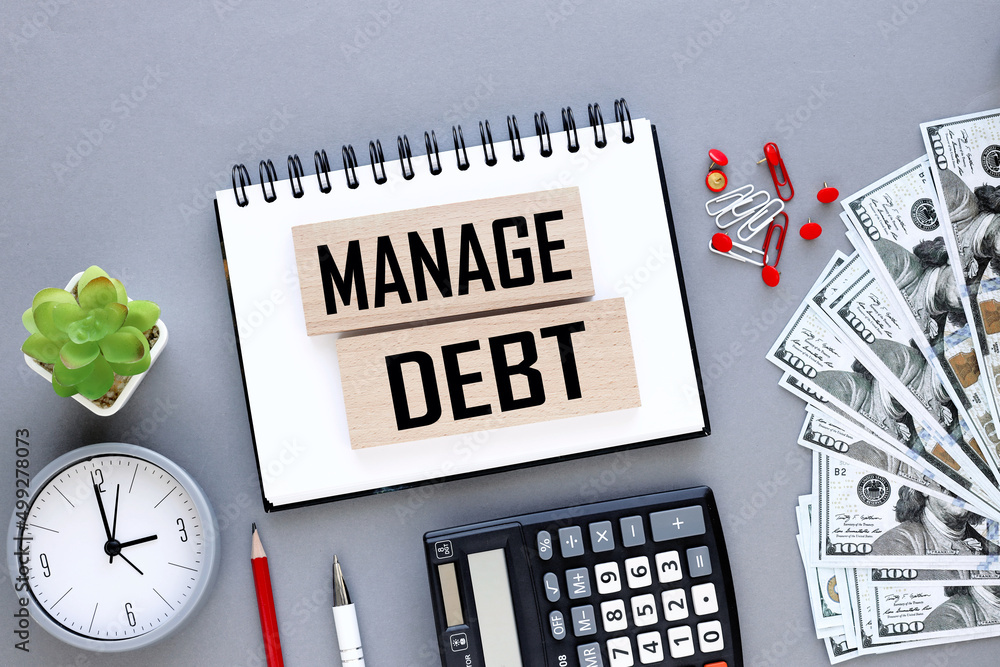 Poster debt management. light gray background with a notepad and dollar bills. text on notebook.