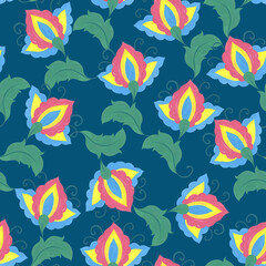 Bright abstract flowers. Unusual flowers in folklore style. Watercolor seamless pattern on blue background. I